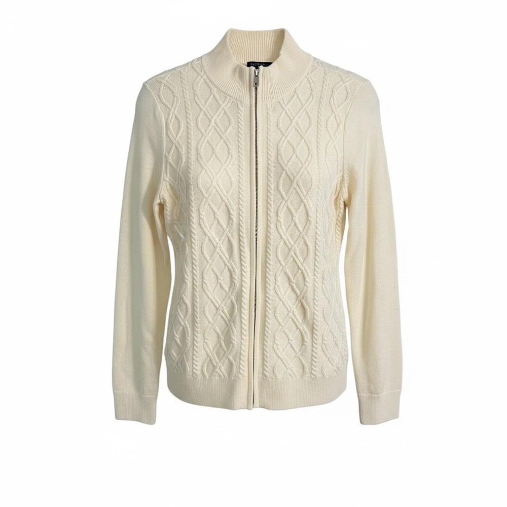Talbots Wool Blend Cable Knit Zip-Up Cardigan Cream Women Sz M Petite Preppy